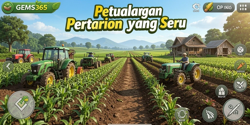 Tampilan gameplay <strong>GEMS365</strong> menampilkan kebun yang subur dan hasil panen yang beragam.