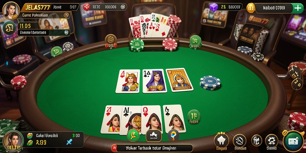Screenshot gameplay JELAS777 yang menunjukkan meja poker ramai.